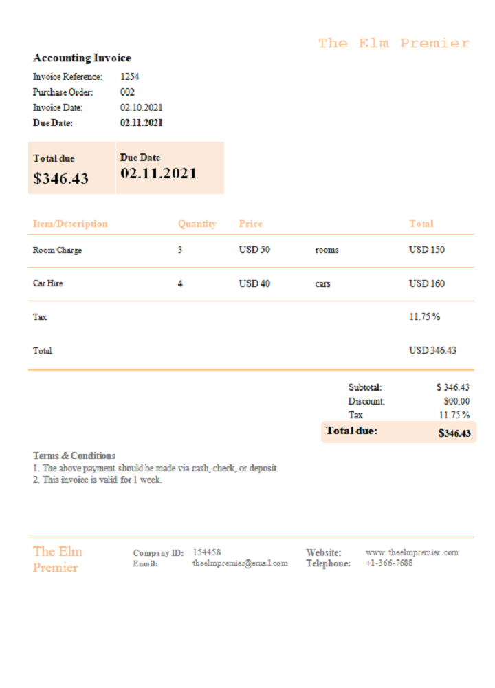 USA The Elm Premier invoice PSD template